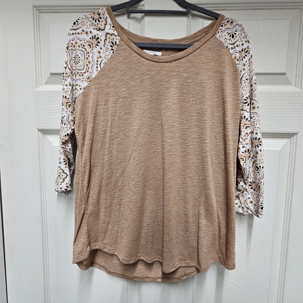 Maurices Brown Top with Patterned Sleeves